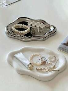 1pc Modern Jewelry Organizer Tray - White/Silver Plated - Elegant Necklace, Bracelet, Earring Display Stand - ABS Resin Vanity Tray - Unisex, Birthday, Wedding, Valentine's Day Gift - Vanity, Office Desk, Party Decor - Jewelry Storage Tray - View 2