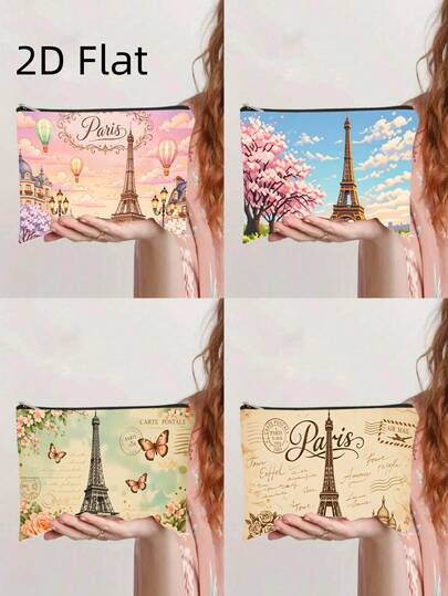 Makeup Bag 1pc, Paris Illustration Beautiful Scenery Cosmetic Bag, Lightweight Cosmetic Pouch With Zipper For Women, Double-Sided Print Toiletry Travel Bag & Coin Purse, Gift For Her On Birthdays Toiletries Bag Travel Toiletry Bag Wash Bag Shower Bag Waterproof Bag Large Capacity Packing Cubes Travel Essentials For Women Cruise Essentials Vacation Essentials Travel Stuff