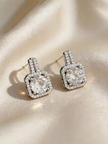 1对方形耳钉，女士锆石镀银耳环，生日派对新娘婚礼珠宝礼物，送给情侣、爱人、女友 - Earrings - 查看 4