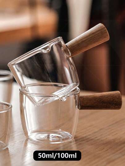 1 bình sữa nhỏ bằng thủy tinh Nhật Bản trong suốt cao cấp, dung tích 50ml/100ml, bình đựng sữa, bình sữa espresso, cốc đong nước sốt mini, bình sữa có tay cầm bằng gỗ.