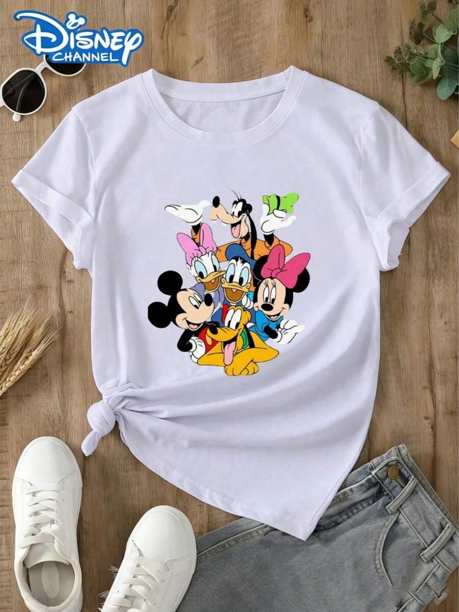 Disney Women's Casual Cotton Round Neck Short Sleeve Mickey Mouse And Friends Print T-Shirt Regular Fit - 白色 - 查看 1