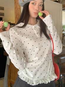 Áo thun dài tay cổ Peter Pan họa tiết chấm bi hình trái tim, hàng mới về mùa Xuân/Hè, kèm áo lót viền bèo nhún. - trắng - Xem 10