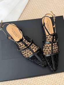 编织美学 - 复古时尚镂空网面鞋，尖头粗跟细带平底凉鞋，女士款 - 黑色 - 查看 1