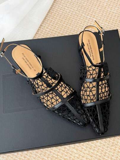 编织美学 - 复古时尚镂空网面鞋，尖头粗跟细带平底凉鞋，女士款