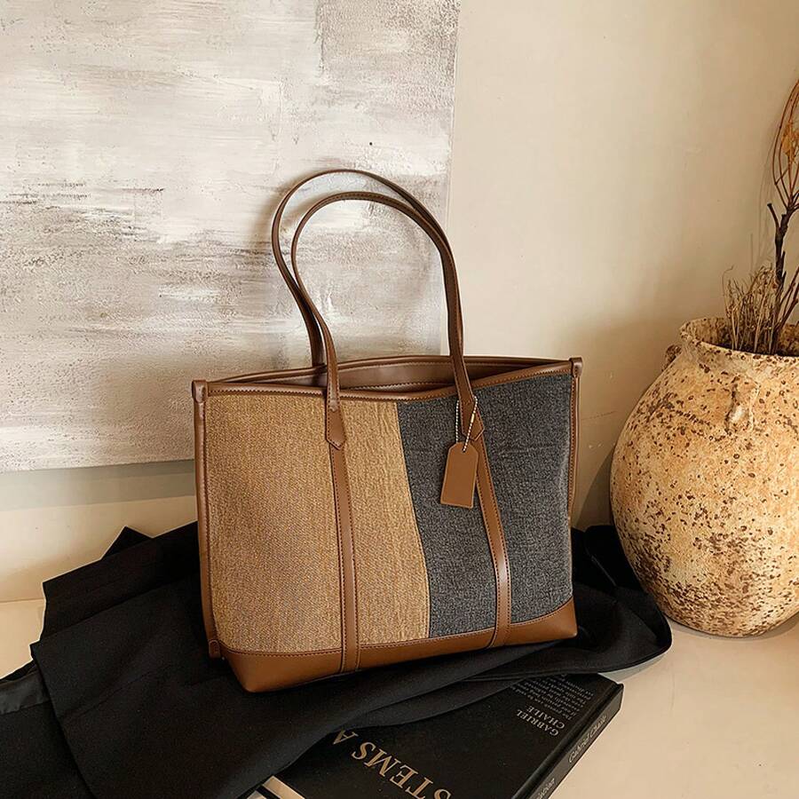 Nueva de moda de principios de otoño 2025: bolso tote versátil de gran capacidad con diseño de bloques de color para mujer, bolso de hombro, bolso de axila. - Azul - Ver 1