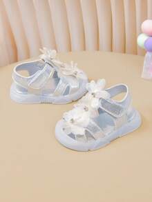 Infant Shoes/Toe-Covering Floral Crystal Hook And Loop Jelly Soft Bottom Sandals - Silver - View 6