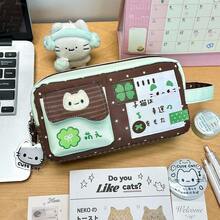 Green Four-Leaf Clover Cat Pencil Case, High-Quality Stationery Pouch, Large Capacity Student Supplies Organizer Bag - Four-leaf Clover Kitten - View 5