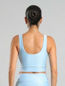 FITNATION Leggings Set With Waistband Pocket + Longline Cropped Top In Micro-Ribbed Fabric With SHINE And HIGH Elasticity And Support. - Light Blue - View 6