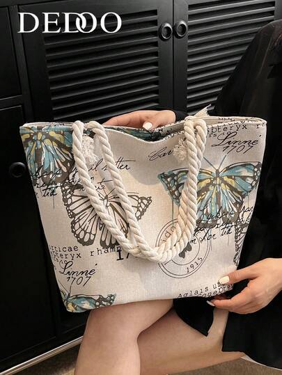 Dedoo Large Capacity Casual Retro Linen Canvas Tote Bag, With Artistic Vibe, Featuring Seashell And Starfish Print. Suitable For Daily Outings, Commuting, Students Carrying Textbooks, And Short-Distance Shoulder Bag Use.