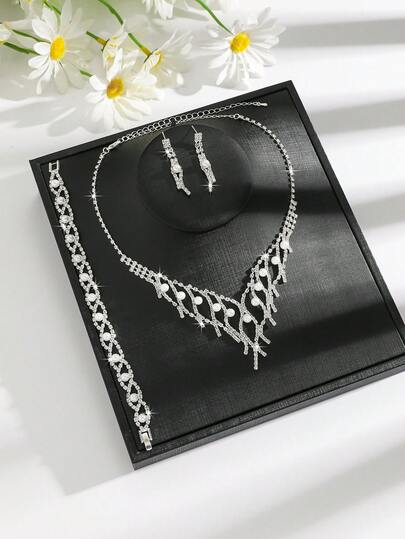 3pcs White Crystal Rhinestone Inlaid Pearl Necklace, Bracelet And Tassel Earrings Set, Suitable For Wedding, Daily Wear, And Parties