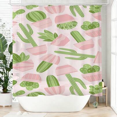 1 chiếc rèm tắm hình cây xương rồng hoạt hình, làm từ polyester, chống thấm nước, không cản sáng, thích hợp trang trí nhà cửa và phòng tắm, kèm theo 12 móc treo.