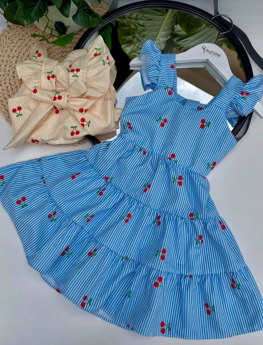 Girls' Dress With Cherry Print - Azul - Ver 1