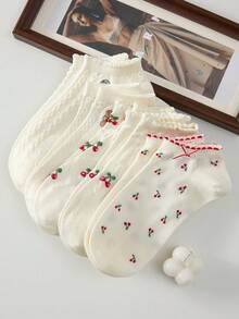 5 Pairs Cherry Pattern Women's White Lace Trim Ankle Socks, Non-Slip Breathable, Suitable For Spring And Summer - White - View 7