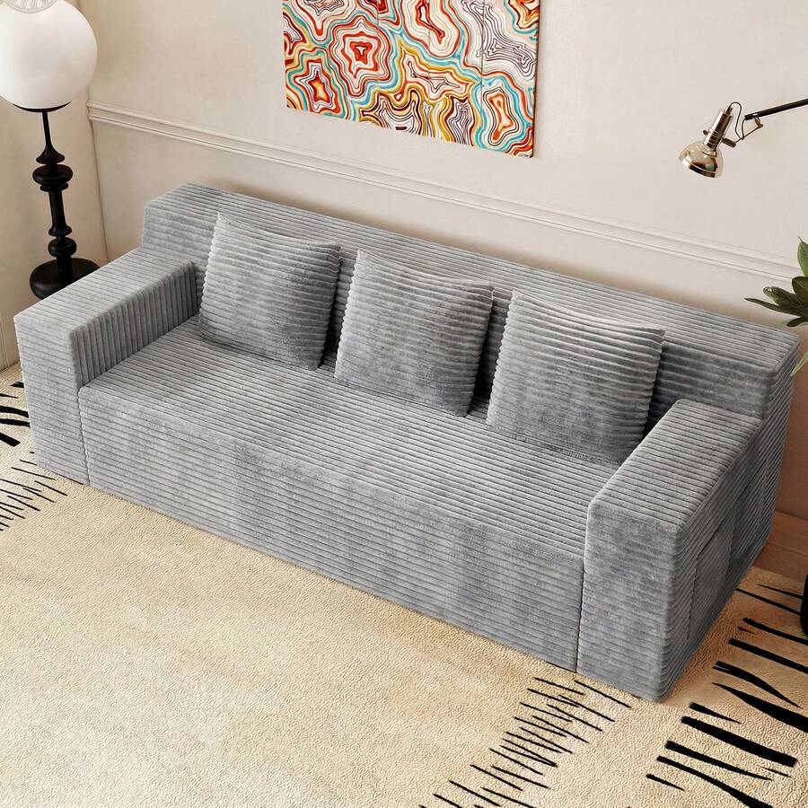 71" Love Seat Couches, Corduroy Boneless Loveseat With Deep Seats, 2 Seat Couch Apartment Size Couch With 3 Pillows&Side Pockets For Bedroom, Office, No Assembly Required - 淺灰色 - 查看 1