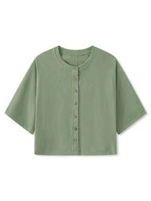 Women Half Sleeve Cropped Cardigan Shirt Short Sleeve Button Down Open Front Crewneck Loose Fit Knit T Shirt Y2k Casual Crop Tops Summer Fall Lightweight Jacket Outwear - 綠色 - 查看 5