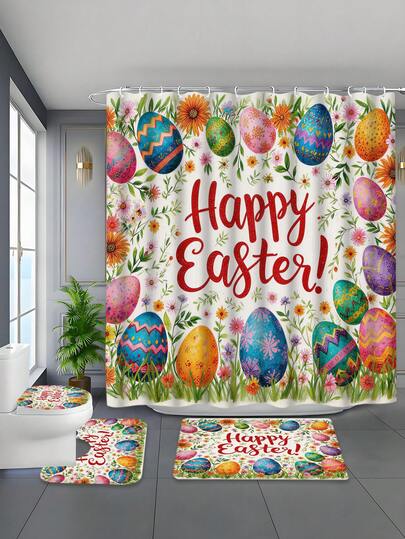 1/4pcs Happy Easter Egg Pattern Printed Waterproof Bathroom Curtain Set, Tranquil & Healing, Waterproof & Mildew Resistant, Thick Polyester, No Drill Installation, Anti-Slip Bath Mat, Absorbent Toilet Mat, Digital Printing, Fade Resistant, Machine Washable, All Season, Easter Holiday Limited Edition