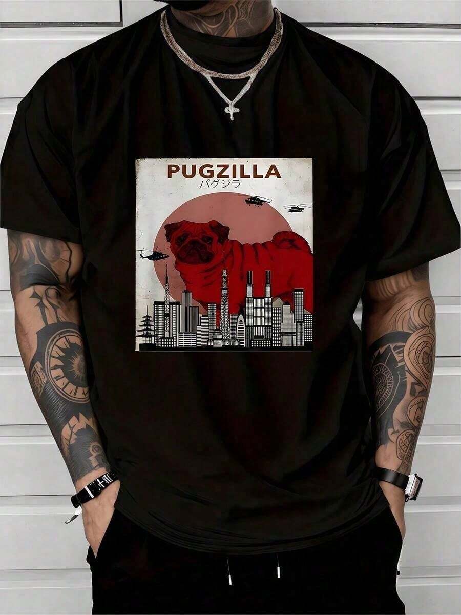 Un bulldog carlino gigante rojo simboliza fuerza humor e imaginación sobre un fondo urbano con helicópteros y rascacielos creando contraste visual inspirador camiseta de hombre 100% algodón cómoda y moderna - Negro - Ver 1