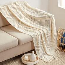 1入實色泡芙編織毛毯，適用於床上、沙發、空調、午睡和辦公室使用 - 米色 - 查看 5