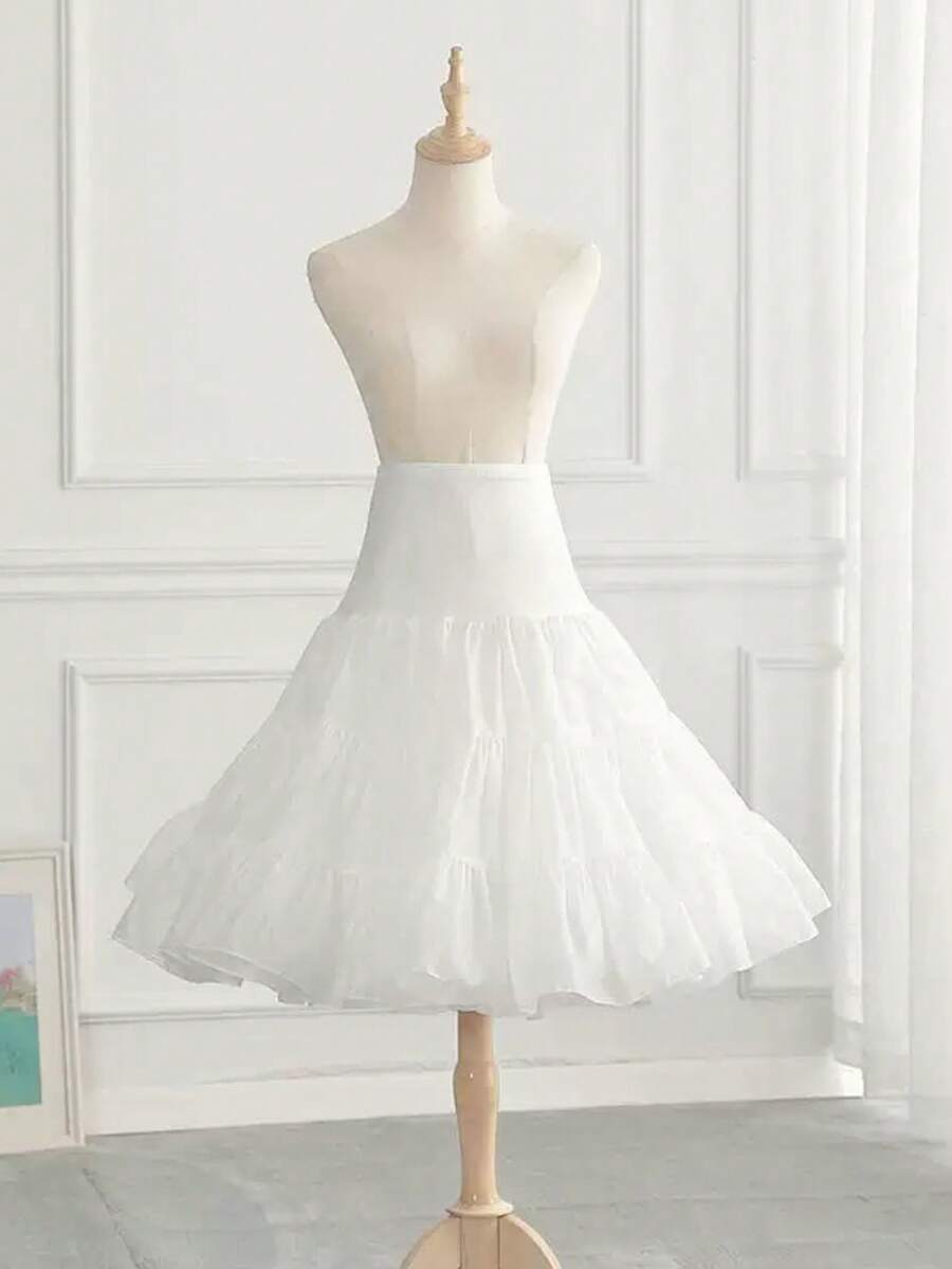 1件白色洛丽塔衬裙，松紧腰，及膝，双层薄纱内衬裙，复古连衣裙衬里，适合角色扮演，黑/白 - 白色 - 查看 1