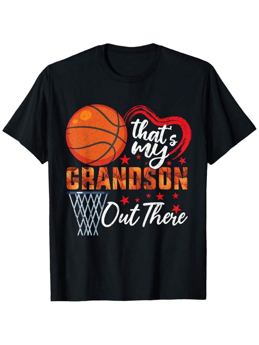That's My Grandson Out There Basketball Grandma T-Shirt - Black With White & Red Lettering, Loose Fit Unisex Grandparents Gift For Events, Family Games, Birthdays - Basketball Hoop & Number 23/42 Design (Casual Wear) - 黑色 - 查看 1