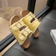 1双男女童（3-12岁）黄色流苏魔术贴凉鞋，亮面PU皮革，防滑透气，露趾平底拖鞋，复古时尚休闲风，适合日常、上学、海滩、派对等场合，畅销款 - 薑色 - 查看 5