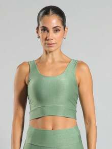 FITNATION Leggings Set With Waistband Pocket + Longline Cropped Top In Micro-Ribbed Fabric With SHINE And HIGH Elasticity And Support. - Verde Oliva - Ver 5