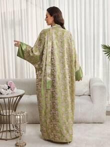 Vestido holgado de estilo árabe con cuello en V y manga larga con estampado floral para mujer - Verde - Ver 6