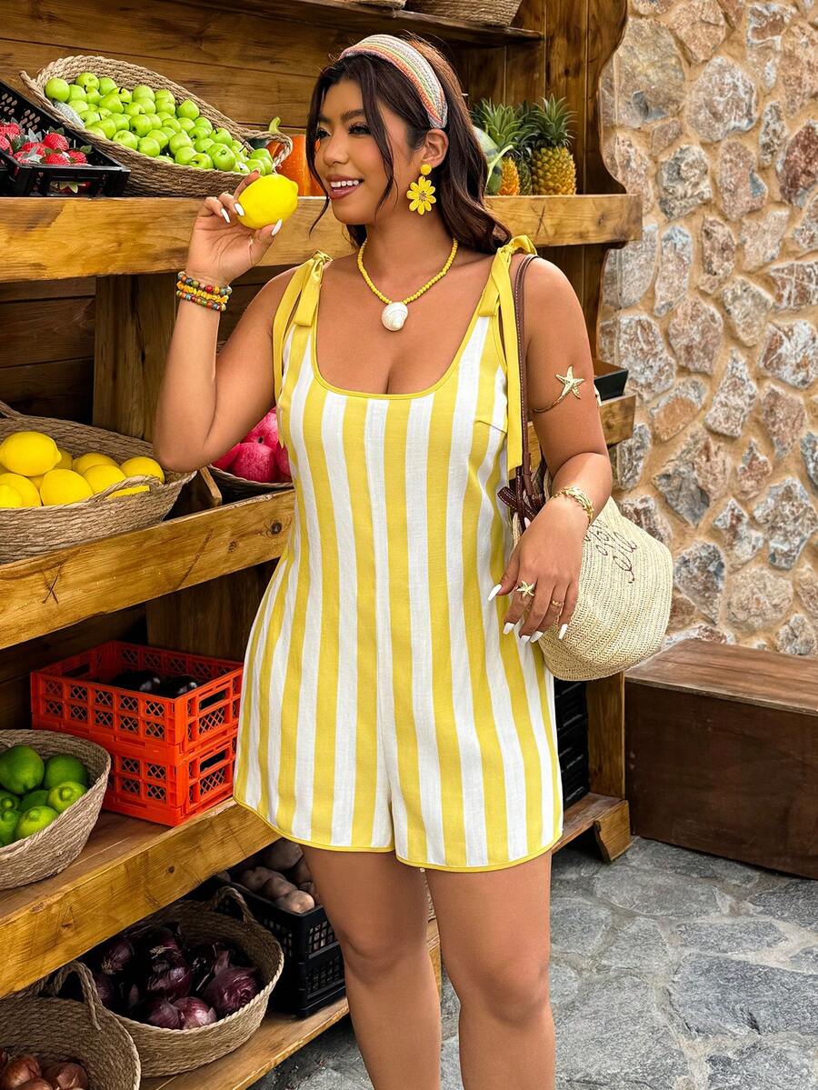 Bộ jumpsuit nữ cỡ lớn cổ chữ U buộc dây, chất liệu vải kẻ sọc hai màu, dáng ôm vừa vặn, thích hợp cho mùa xuân/hè. - Nhiều màu - Xem 1