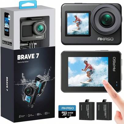 AKASO Brave 7 (Versión para MX) Cámara de Acción 4K 20MP WiFi Doble Pantalla Táctil Control de Voz Cámara Deportiva EIS 2.0 IPX8 Camara Acuatica Sumergible con Control Remoto 2 Baterías Cámara de Vlog UBW1