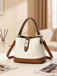 PLANEE 女士双色手提包，配金色锁扣 – 斜挎包/手提包，纹理仿皮单肩包，适合日常使用 - 彩色 - 查看 5