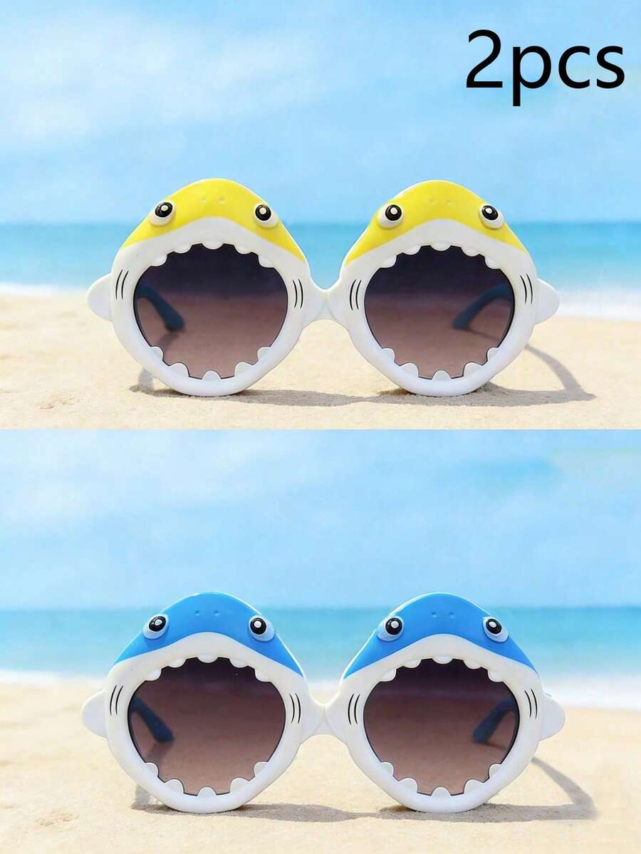 2副装 - 时尚鲨鱼造型太阳镜 - 适合儿童作为海滩和海边摄影道具。时尚旅行摄影眼镜。 - 彩色 - 查看 1