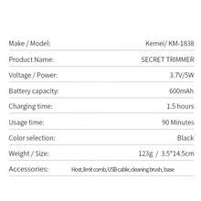 Kemei 1 máy tỉa lông chuyên nghiệp chống nước KM-1838, máy cạo râu điện phù hợp cho nam và nữ, sạc USB, máy tỉa lông vùng kín/bikini/chân/nách. - màu đen - Xem 5