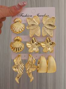 2-10件套金色女士耳环套装，饰有液态金属叶片、永生花、扇形花边、大型蜂窝翅膀和纹理大C形耳环，时尚优雅，适合全年佩戴，是送给爱人的最佳礼物。 - 金黃色 - 查看 1