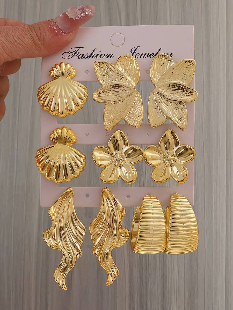 2-10件套金色女士耳环套装，饰有液态金属叶片、永生花、扇形花边、大型蜂窝翅膀和纹理大C形耳环，时尚优雅，适合全年佩戴，是送给爱人的最佳礼物。 - 金黃色 - 查看 1