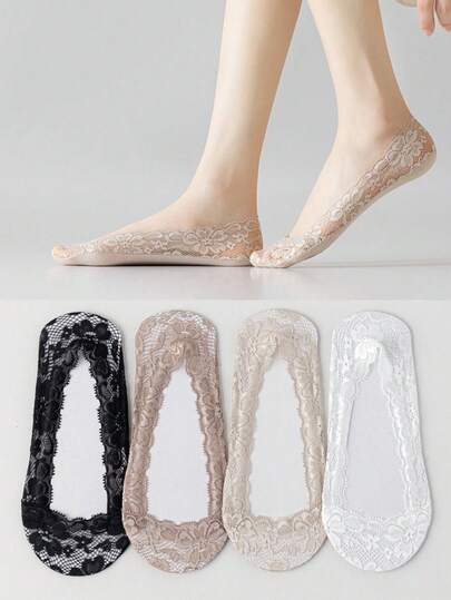 4 Pairs Women's Boat Socks, Made Of Delicate Lace Fabric With Fine Patterns, Breathable And Soft, With Silicone Non-Slip Strips At The Heel To Prevent Slipping During Walking, Available In Black, White, Gray, Light Pink, Nude And Other Basic Colors To Match Different Shoes And Outfits, No Cardboard.