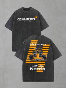 Double-Sided F1 MCL39 Racing Car Graphic Men's T-Shirt With Crew Neck, Oversized Fit, Washed, Short Sleeves – Soft, Breathable Cotton Fabric, Authentic F1 Team Feel, Perfect For Race Days And Meeting Up With Friends, Ideal Gift For Fans, Men's Graphic T-Shirt, Streetwear, Men's Shirts - 黑色 - 查看 1