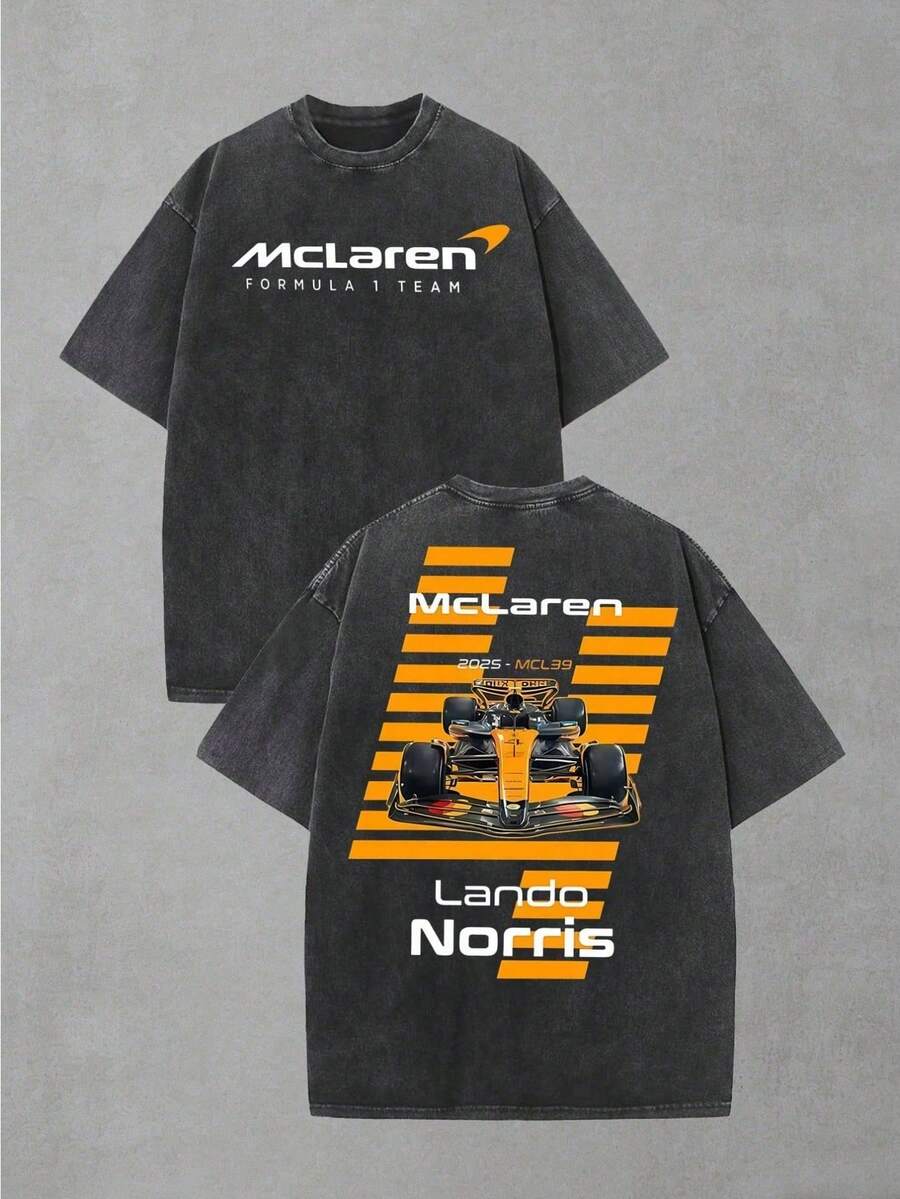 Double-Sided F1 MCL39 Racing Car Graphic Men's T-Shirt With Crew Neck, Oversized Fit, Washed, Short Sleeves – Soft, Breathable Cotton Fabric, Authentic F1 Team Feel, Perfect For Race Days And Meeting Up With Friends, Ideal Gift For Fans, Men's Graphic T-Shirt, Streetwear, Men's Shirts - 黑色 - 查看 1