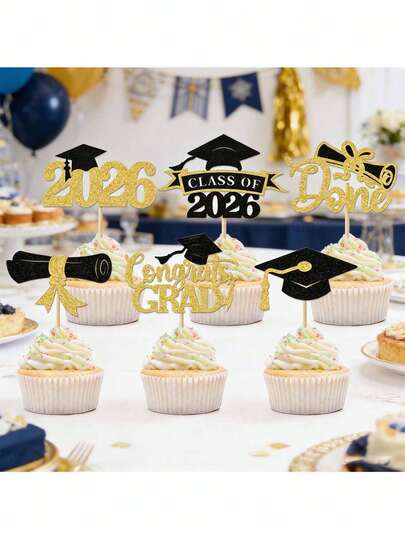 12件套黑色金色2026毕业帽和卷轴蛋糕装饰插牌，毕业主题纸杯蛋糕装饰，闪光毕业帽和毕业证书造型蛋糕装饰，毕业派对蛋糕装饰，派对用品，毕业庆典装饰，闪光装饰，轻巧设计，适用于圣诞节、新年、情人节和各种派对活动 - 毕业季蛋糕装饰的完美之选