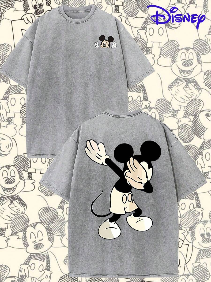 This Officially Licensed Disney Mickey Mouse Pocket & Back Print Washed T-Shirt Features A Stylish Cartoon Short-Sleeved Design. Made Of Pure Cotton, It's Soft, Breathable, And Makes A Great Gift For Disney Fans. - 灰色 - 查看 1