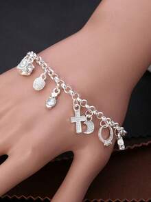 1件装手链 女士日常周年纪念宣言 多吊坠 十字架 爱心 星星 银色 - 銀色 - 查看 5