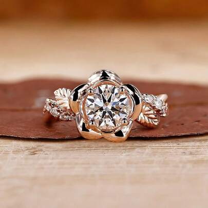 Women's Sweet Cute Small Flower Inlaid Shiny Zirconia Rose Gold Color Ring