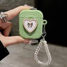 Cute Rhinestone Heart Apple Earphone Case + Pearl Bracelet Apple Wireless Earphone Protective Case - Green Heart-shaped Bow - View 7
