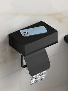 Porta-papel higiênico preto com prateleira e suporte para celular - Montagem na parede com adesivo ou parafusos, inclui dispensador de rolo e função de armazenamento. Acessórios para banheiro. Utensílios para banheiro. - Preto - Ver 9