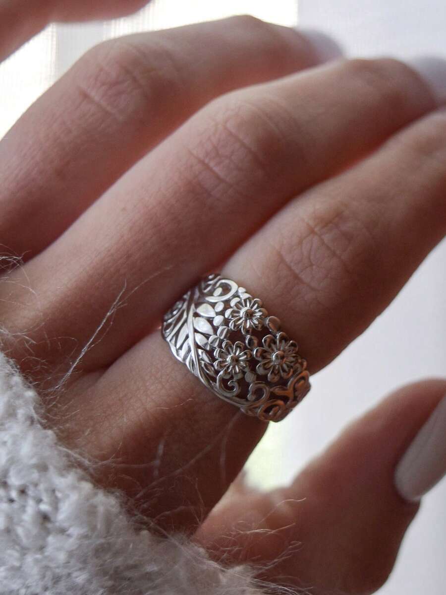 1pc Bohemian Style Vintage Silver Flower Pattern Ring, Suitable For Wedding, Engagement, Promise, Daily Wear - Silver - View 1