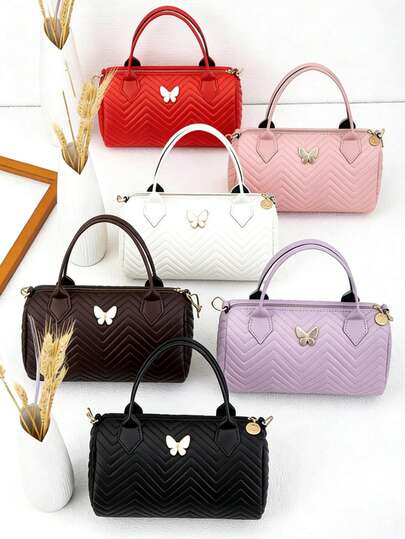 1pc Girls' Fashion V-Stitching Handbag, Retro Boston Bag, Versatile Crossbody Bag With 3D Butterfly Decor, Suitable For Work And , Great Gift