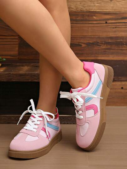 Women's Round Toe Lace-Up Contrast Color Flat Sneakers, Casual Campus Style Fabric Shoes For Spring & Autumn