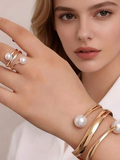 New Accessories - Chic Unique Asymmetrical Line Open Bangle, Ring, Retro Faux Pearl Jewelry Set, Ins Style