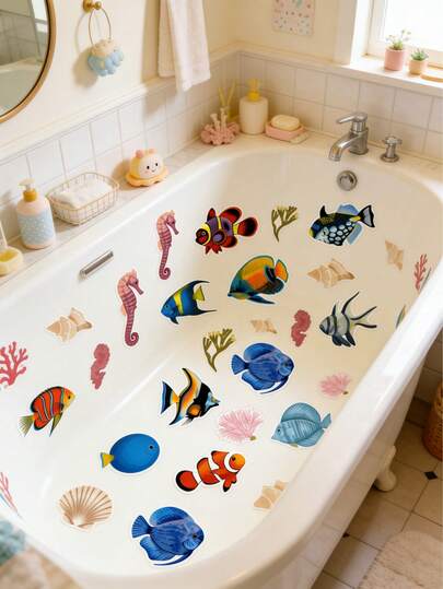 1pc Colorful Fish Life Bathtub Stickers,Marine Life Theme Stickers ,Non-Slip Vinyl Stickers For Bathtubs & Showers Waterproof, Self-Adhesive, Removable Marine Life Decals For Fun Bathroom Decor