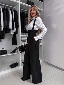 Women's Elegant Solid Color Sleeveless Wide Leg Jumpsuit, Suitable For Commuting - Black - View 5