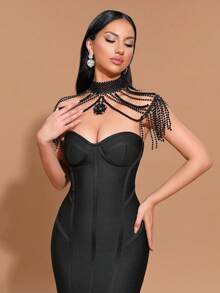 Sexy Strapless Mermaid Style Long Evening Gown, With Pearl Decor Fringed Cape Design, Bodycon Fit, Suitable For Parties, Balls, Banquets - Black - View 2